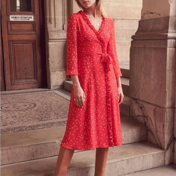 SEZANE Red 100% Silk Daisy Print Wrap Dress Size 40 Small Faux Wrap Style Midi - Picture 7 of 8